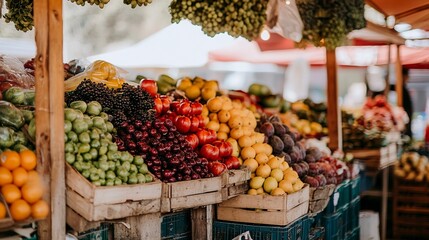 Sticker - vibrant farmers market filled with various fruits and vegetables stand