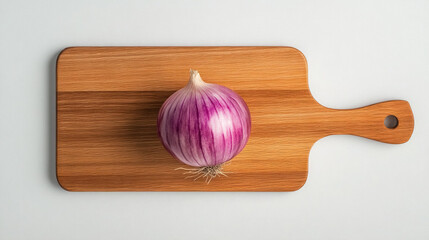 whole purple onion on wooden cutting board, culinary concept