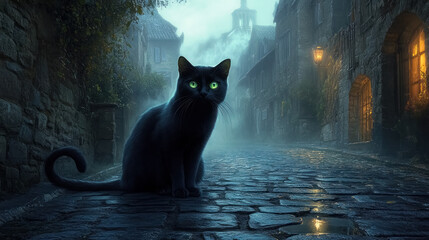 mysterious black cat with glowing green eyes in a foggy alley, fantasy theme