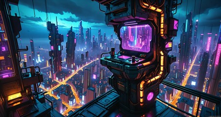 Wall Mural - sci fi city aerial view from skyscraper tall tower building at night. futuristic neon landscape of urban night city district from bird's eye view on patio balcony terrace.