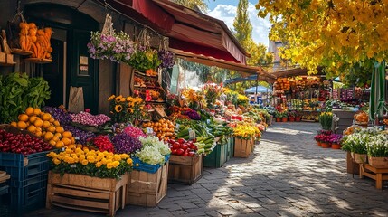 Canvas Print - A colorful summer market with fresh flowers and produce