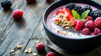 nutritious breakfast bowl with berries, chia seeds, and granola