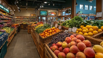 Sticker - A store brimming with a colorful assortment of fresh fruits and vegetables, showcasing the vibrant atmosphere of a farmers market