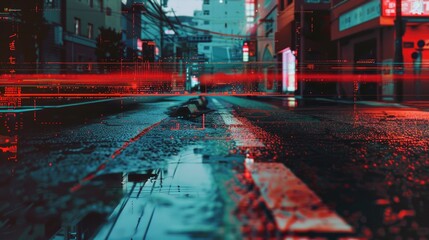 Poster - Nighttime scene of a city street with red lights illuminating the way