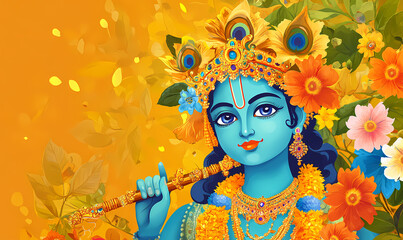 illustration of Krishna Janmashtami background for banner, Lord Krishna decorated with jewelery and flowers