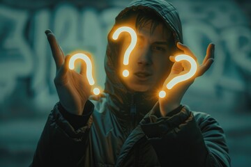Poster - A person holds up two glowing question marks in a neutral background