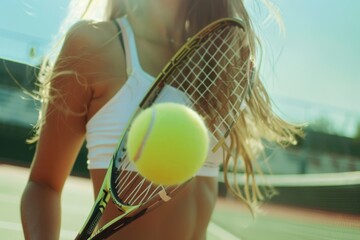 Aufkleber - A woman holds a tennis racket and ball, ready for play