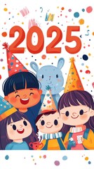 Wall Mural - Happy Children Celebrating New Year 2025 with Confetti