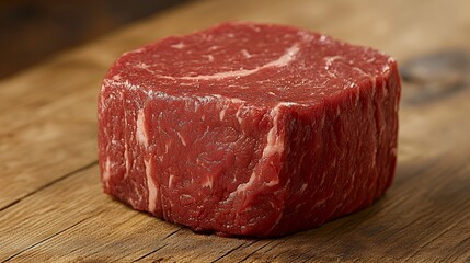 Wall Mural - A raw piece of beef displayed on a wooden surface, ready for cooking or preparation.