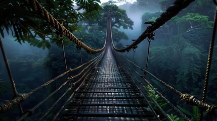 Rainforest canopy walkway, Fantasy, Lush, Watercolor, Highlighting unique ecosystem perspective