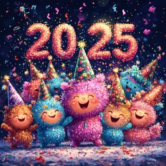 Wall Mural - Happy Fuzzy Creatures Celebrating 2025 with Confetti