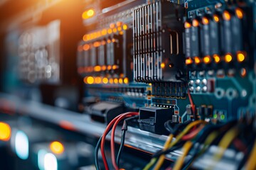 Poster - A closeup shot of an electrical panel with wires emphasizes the small details like printed circuit boards and colorful data. The background is blurred to focus on the electrical equipment in the foreg
