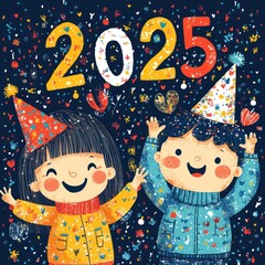 Wall Mural - Children Celebrating New Year's Eve 2025 with Confetti