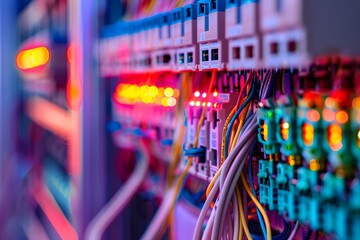 Poster - A closeup shot of an electrical panel with wires emphasizes the small details like printed circuit boards and colorful data. The background is blurred to focus on the electrical equipment in the foreg