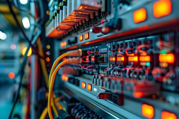 Poster - A closeup shot of an electrical panel with wires emphasizes the small details like printed circuit boards and colorful data. The background is blurred to focus on the electrical equipment in the foreg