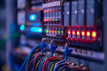 Poster - A closeup shot of an electrical panel with wires emphasizes the small details like printed circuit boards and colorful data. The background is blurred to focus on the electrical equipment in the foreg