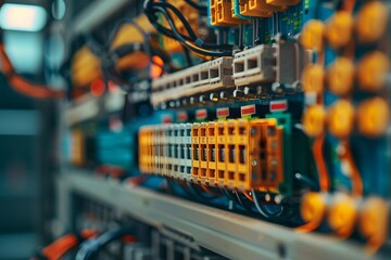 Poster - A closeup shot of an electrical panel with wires emphasizes the small details like printed circuit boards and colorful data. The background is blurred to focus on the electrical equipment in the foreg