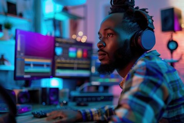 Aufkleber - A person focused on computer work with headphones on, great for office or technology concepts