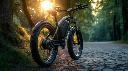 Poster - A sleek electric bike parked on a scenic cobblestone path surrounded by trees at sunset.