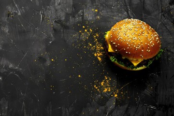 Sticker - A juicy hamburger topped with melted cheese, crisp lettuce, and served on a dark background