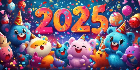 Wall Mural - Cheerful Plush Toys Celebrating New Year 2025