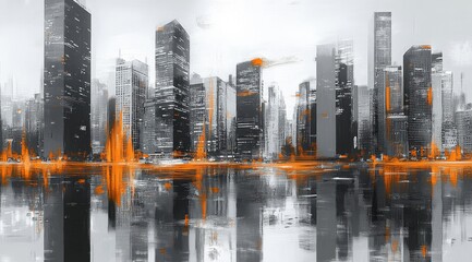 An abstract watercolor painting that depicts a vibrant cityscape, skillfully blending various shades of black and orange to craft a striking visual effect that appears over a reflective surface