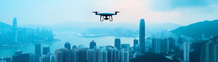 Poster - A drone flying over a cityscape, capturing aerial views of urban landscapes and waterways.