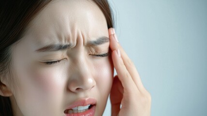 A woman with a headache is rubbing her forehead