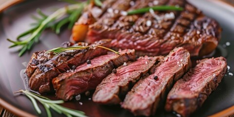 Wall Mural - Sliced Juicy Ribeye Steak Cooked to Perfection on a Plate