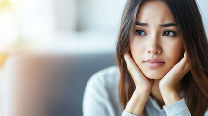 Wall Mural - A woman with long brown hair is looking down at her hands