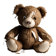 torn and damaged teddy bear with missing eye