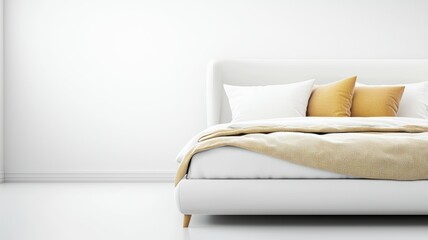 Wall Mural - A white bed with a yellow blanket and pillows