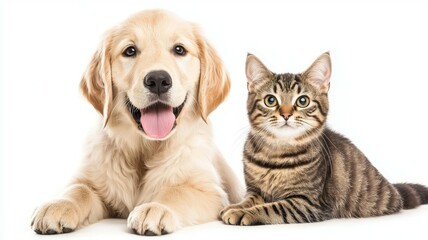 Poster - A dog and a cat are laying on a white background