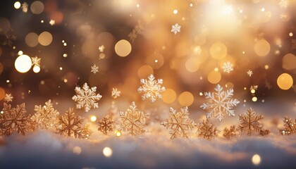 A magical winter scene featuring snowflakes gently falling against a warm, golden bokeh background, perfect for festive themes.