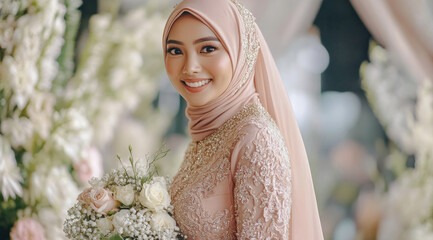 Wall Mural - A beautiful Malay woman in her wedding dress smiles at the camera, holding flowers and wearing an elegant headscarf.