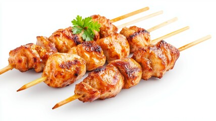 Wall Mural - Three pieces of chicken are skewered and sitting on a white background