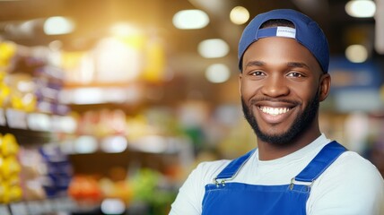 Wall Mural - A smiling man in a blue apron stands in front of a fruit