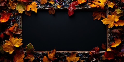 Poster - A black frame with a black background and a bunch of leaves on it