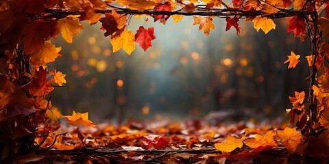 Poster - A frame of autumn leaves with a blurry background