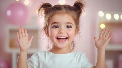 Wall Mural - A young girl with blue eyes and blonde hair is smiling