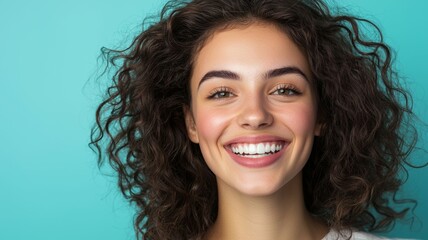 Wall Mural - A woman with curly hair is smiling and has her teeth showing