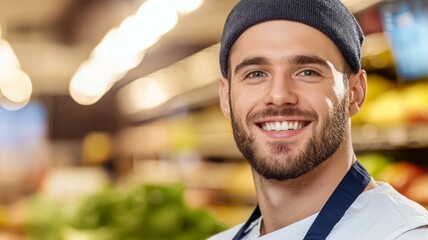 Wall Mural - A man with a beard and a hat is smiling at the camera