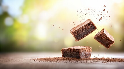 Three brownies are on a table with a pile of chocolate powder