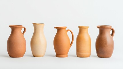 Wall Mural - Five vases of different colors and sizes are lined up on a white background