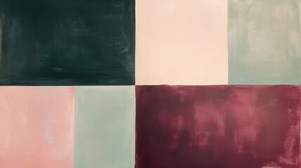 Poster - a minimalistic flat gouache painting, featuring contrasting color squares of burgundy, blush, and sage green