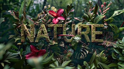 The word of NATURE is written hidden in natural green leaves.