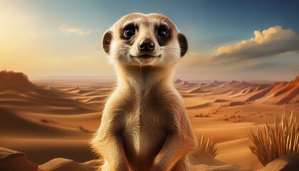  A close-up of a meerkat standing on its hind legs, alert and watchful, with an empty sandy l