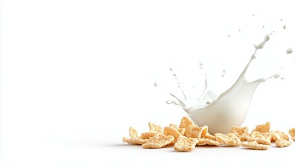 A splash of milk is on a white background with a bowl of cereal