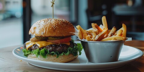 Poster - A plate with a hamburger and French fries