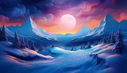 Canvas Print - A digital artwork featuring snowy mountains in winter, with swirling winds dancing across th